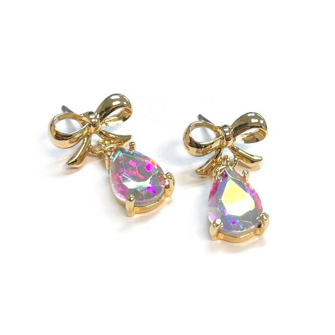 Metal Bow Top Part w/ Teardrop Glass Dangle Earrings