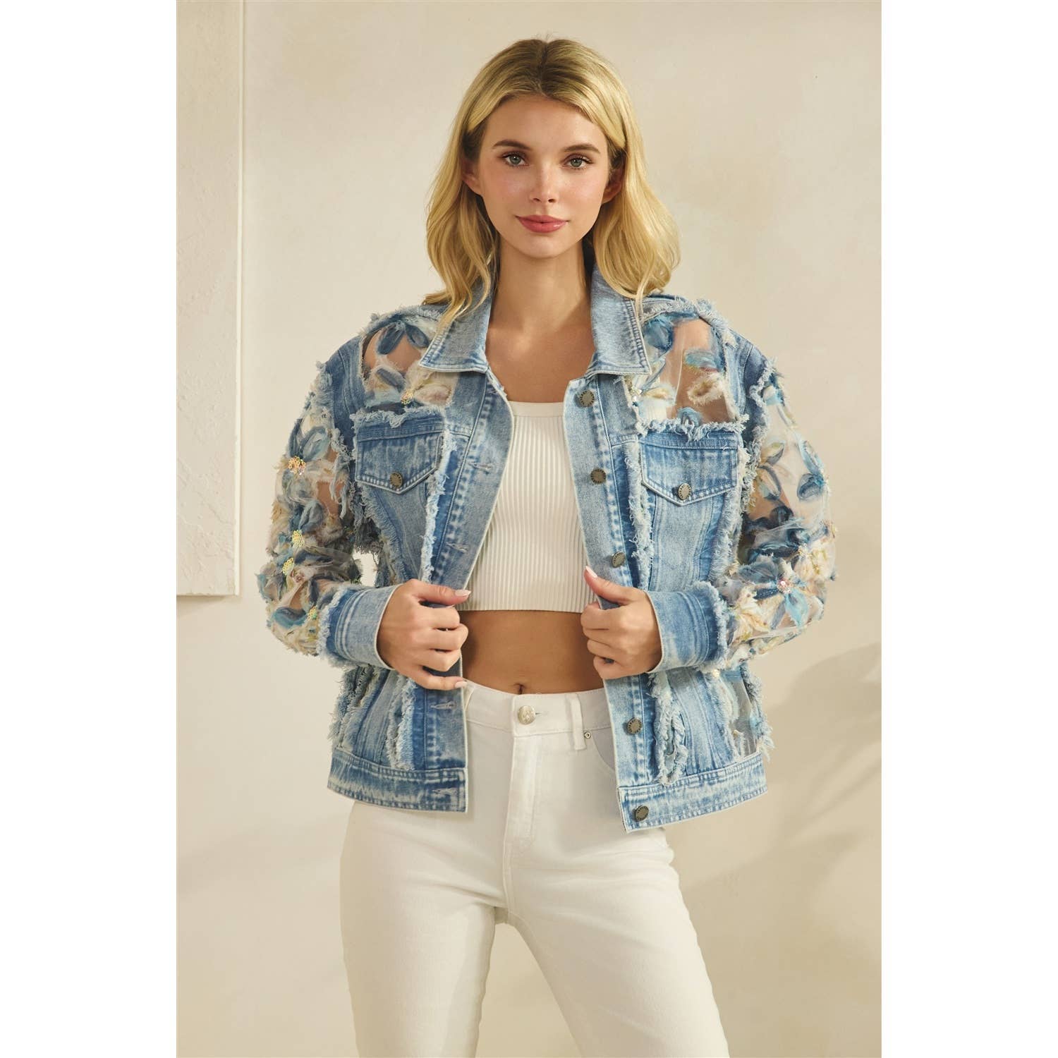 Denim Jacket with Floral Organza Inset