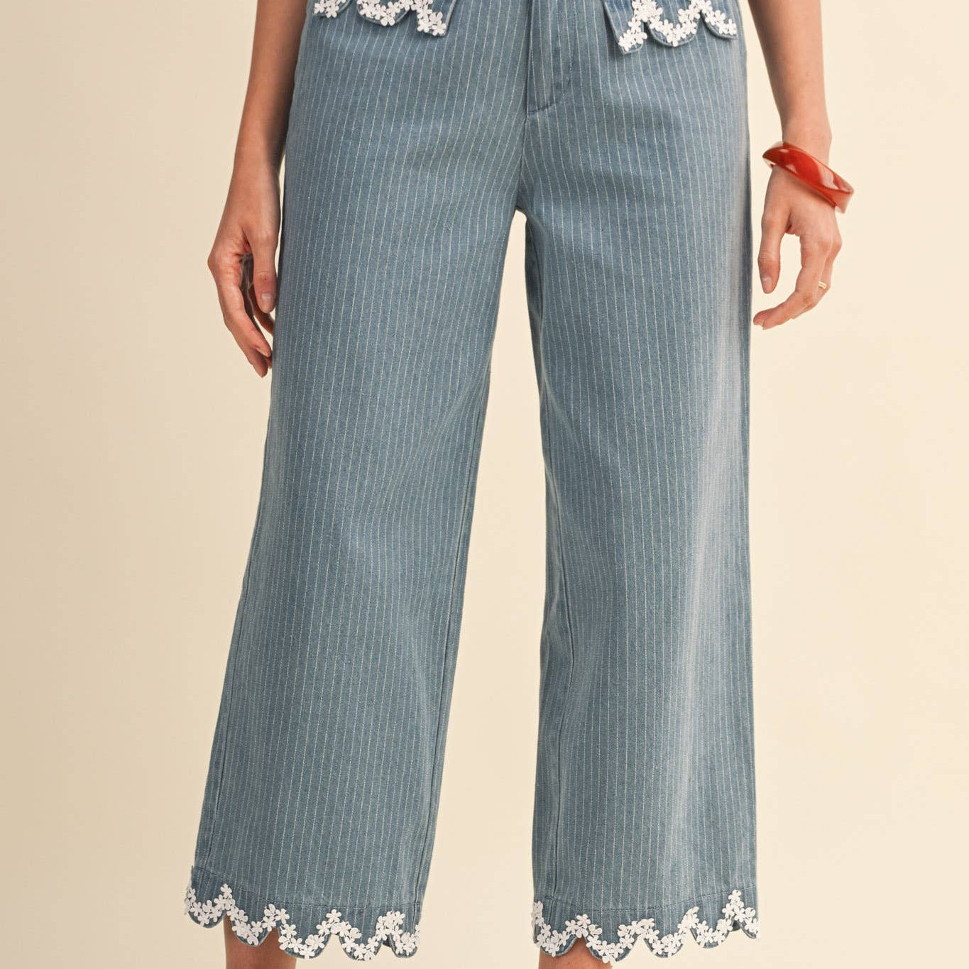 PINSTRIPE CROPPED WIDE LEG PANTS WITH LACE