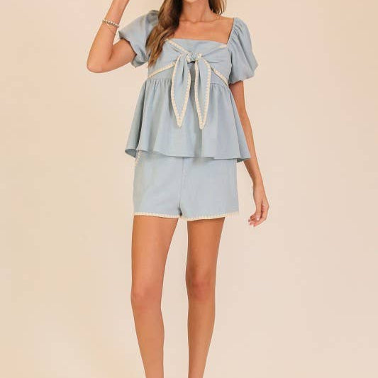 Scallop Trim Tie-Front Peplum Top