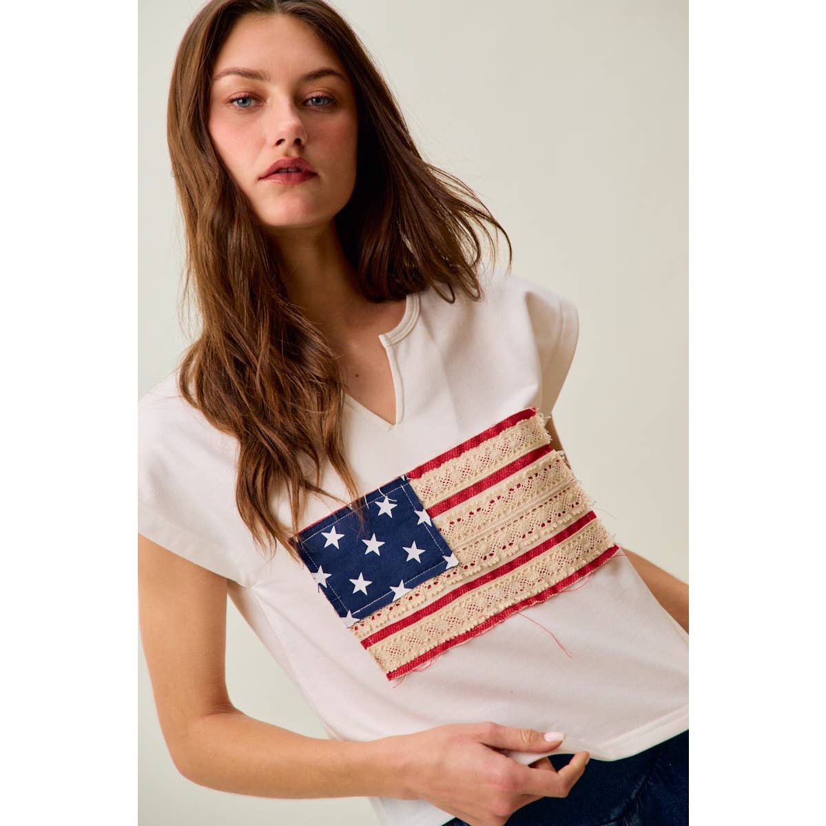 LACE TRIMMED AMERICAN FLAG FOURTH OF JULY TERRY KNIT TOP