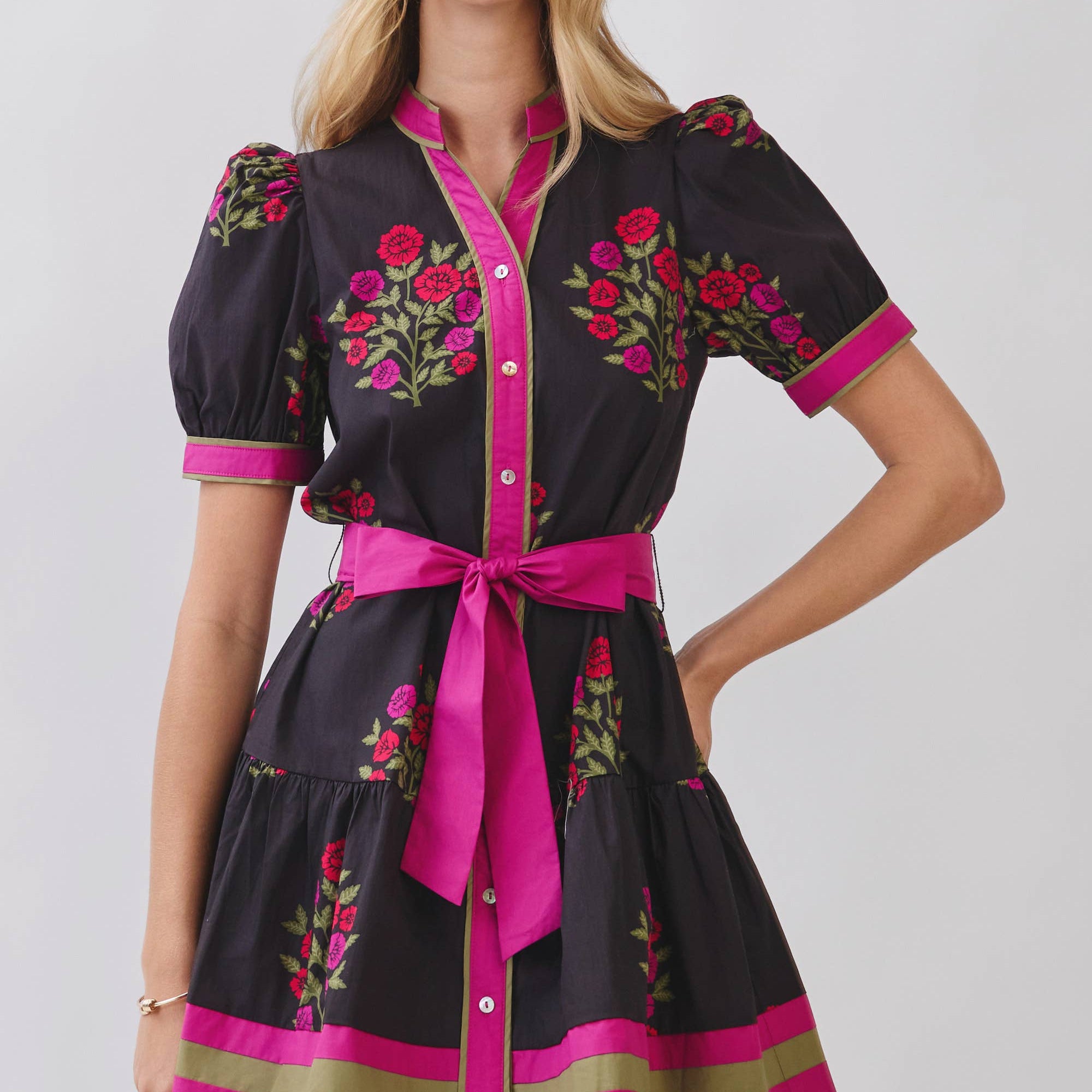 Floral Print Puff Sleeve Belted Mini Dress