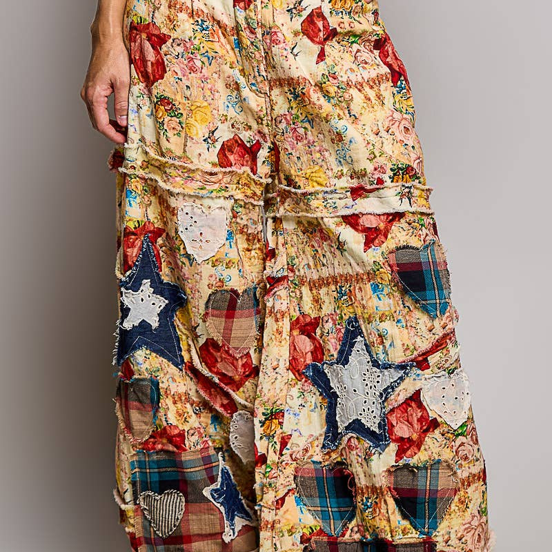 Vintage Floral Star Heart Patch Washed Jogger Pants