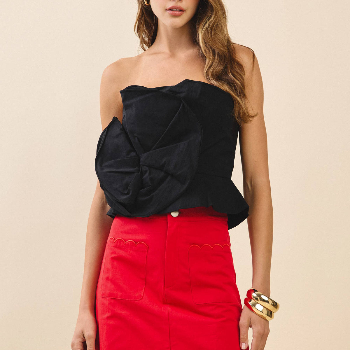 3D Rosette Detail Strapless Top