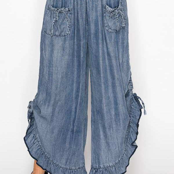 Ruffle Hem Side Tie Chambray Pants