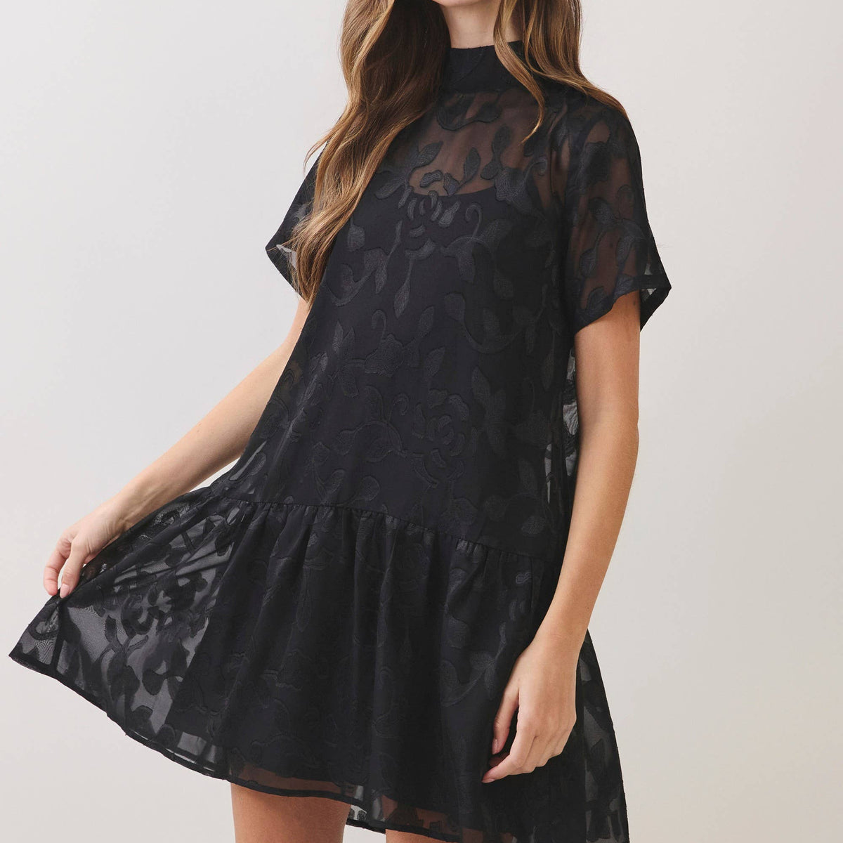 Floral Jacquard Tie-Neck Mini Dress