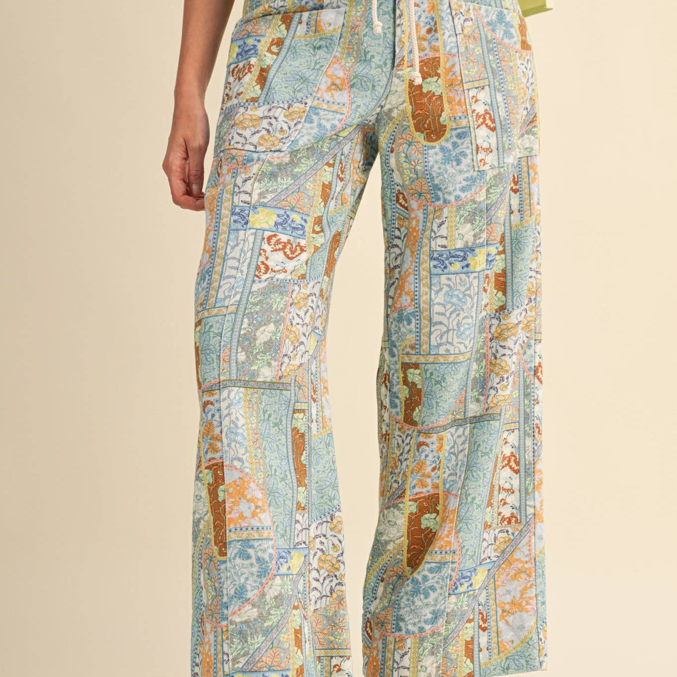 PATCHWORK PRINT WIDE LEG ROPE DRAWSTRING PANTS