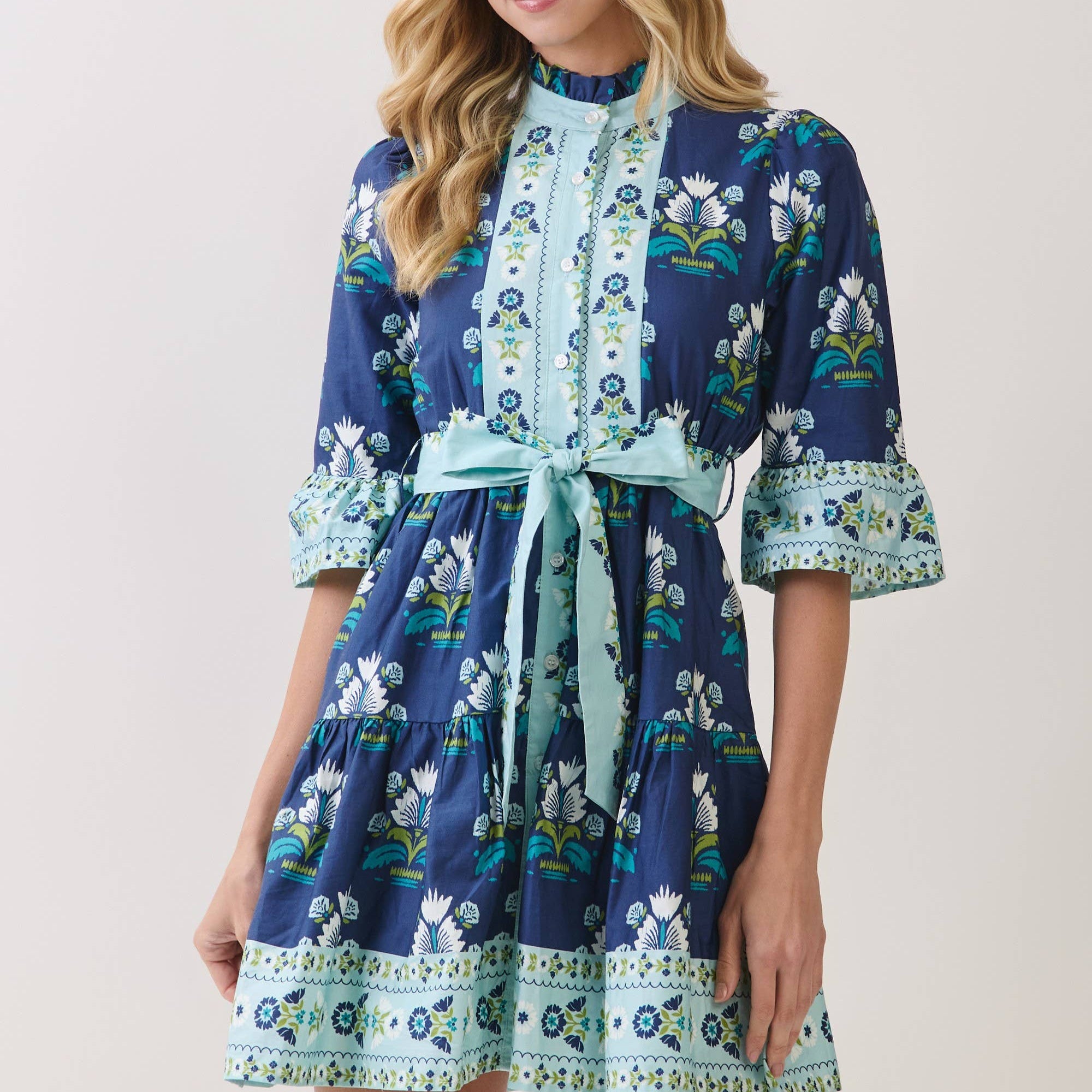 Floral Print Tiered Mini Dress with Waist Tie