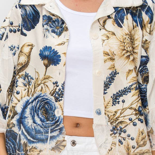 Golden Blue Cropped Button-Up Ruffle Detailed Jacket