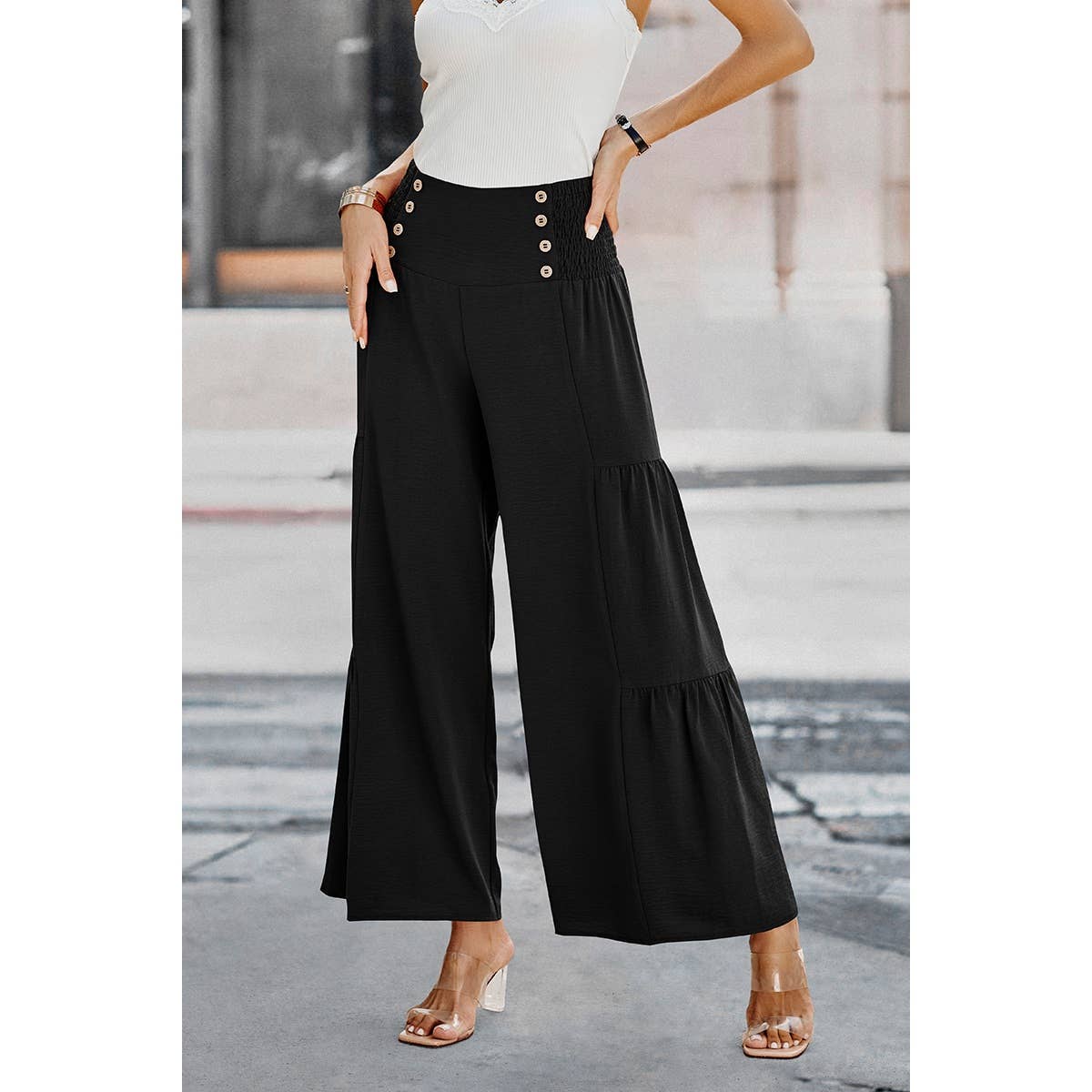 Elastic High Waist Wide Leg Long Palazzo Pants