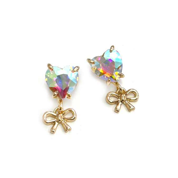Heart Glass Crystal with Brass Bow Link Post Earrings