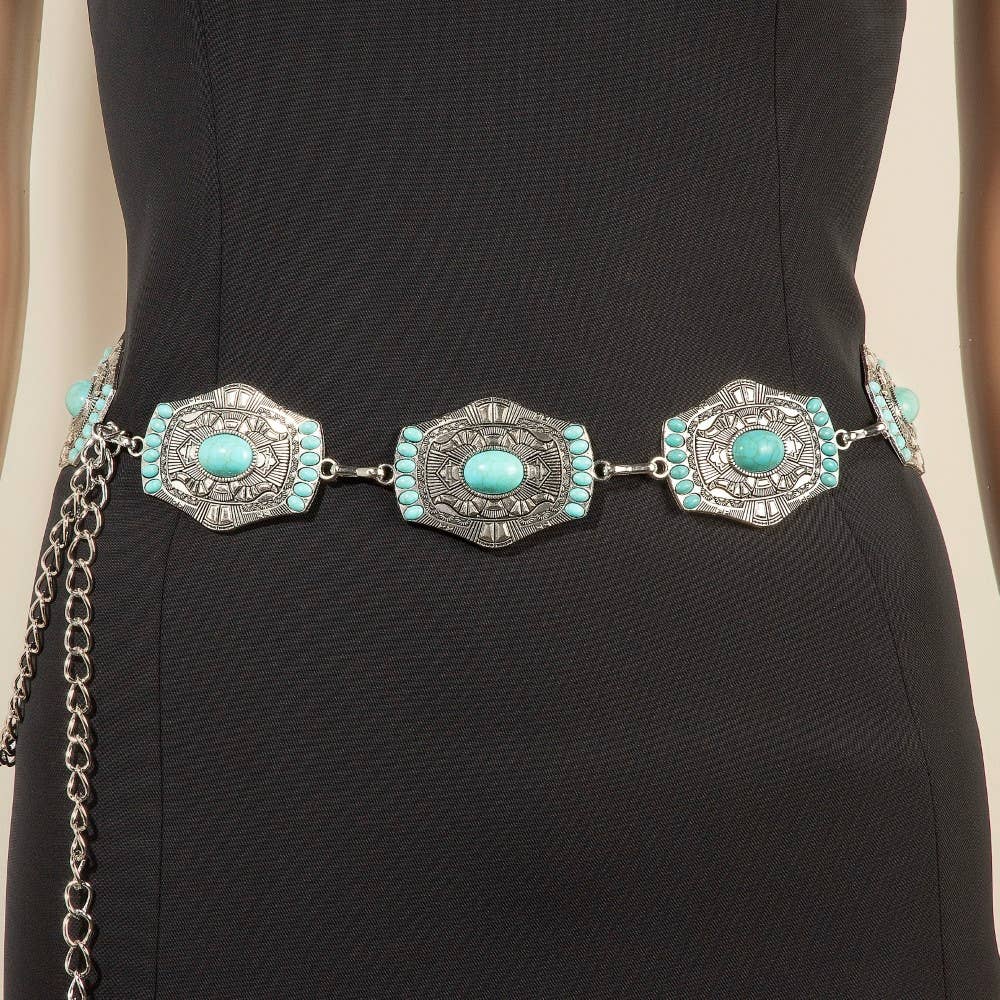 Western Mini Turquoise Stud Rectangle Concho Chain Belt