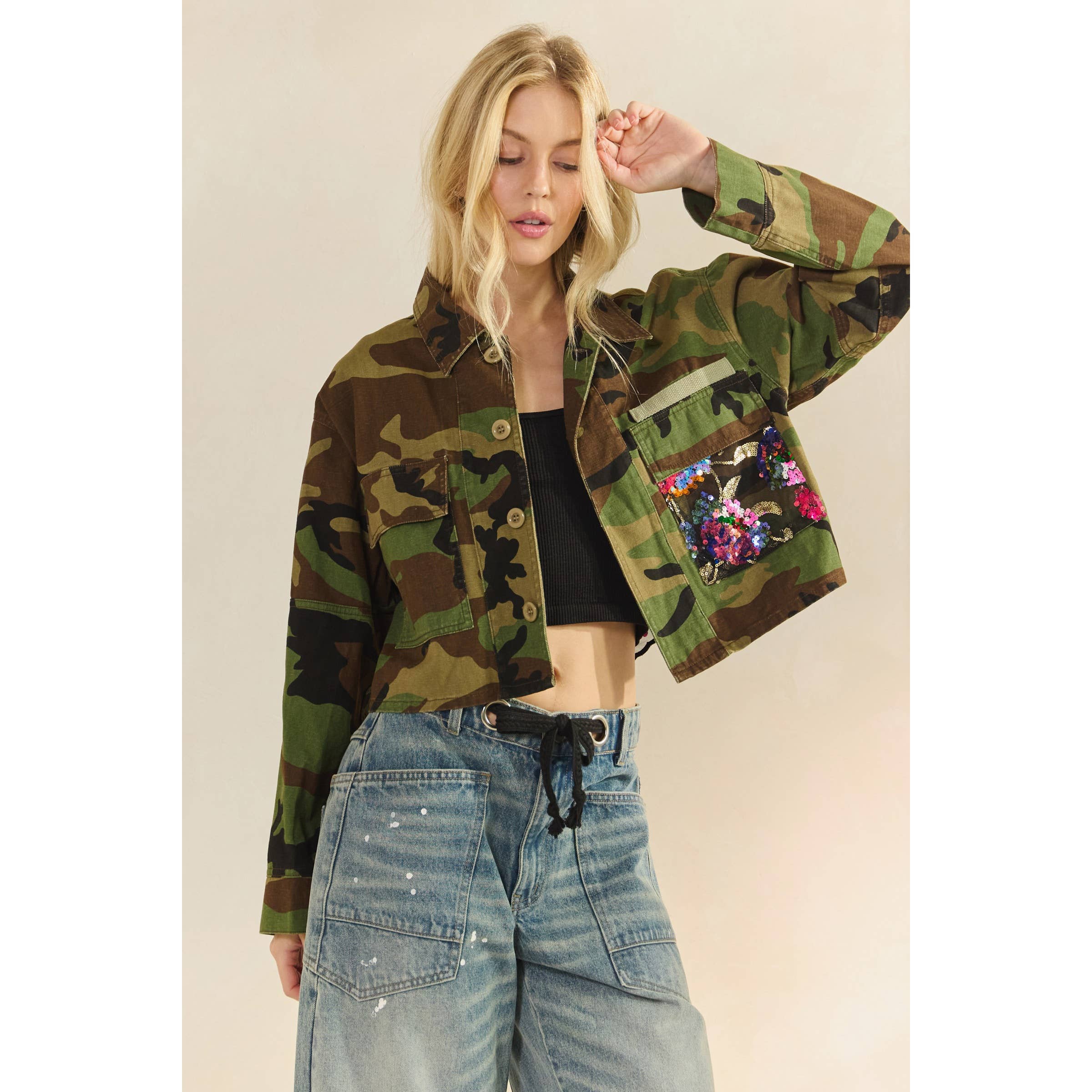Camo Sequins Contrast Camo Jacket