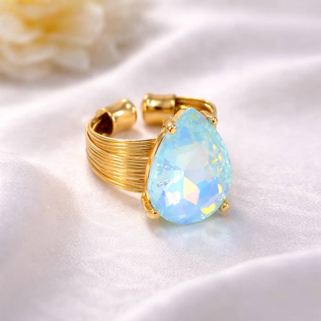 Teardrop Glass Crystal Cocktail Bead Adjustable Wire Ring