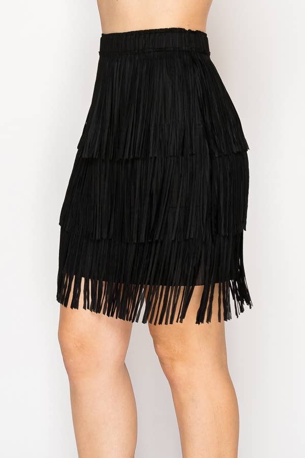 Black Short Layered Fringe Tiered Skirt