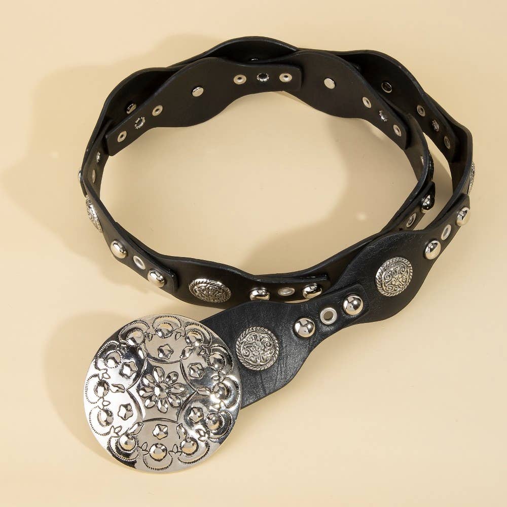 Ornate Concho Disc Buckle Vegan Leather Belt