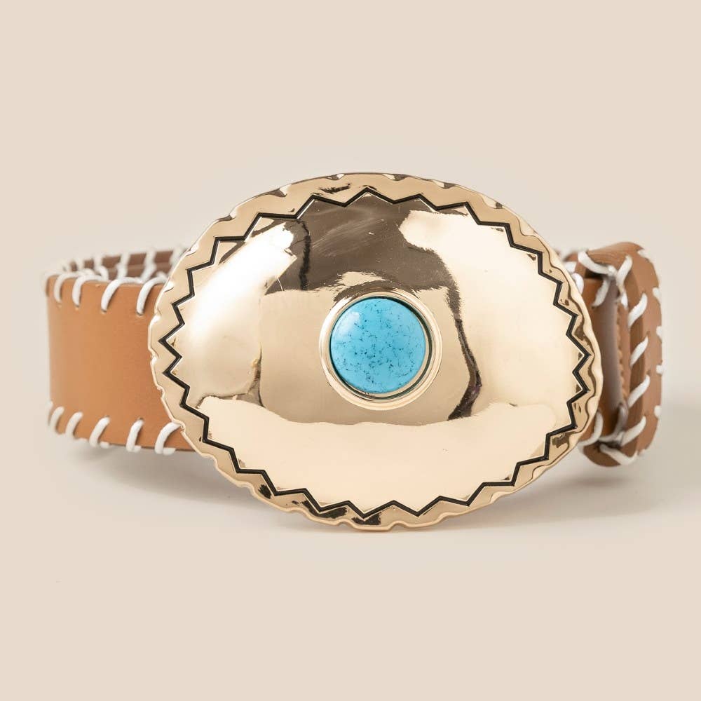 Western Turquoise Oval Concho Buckle Vegan Leather Belt