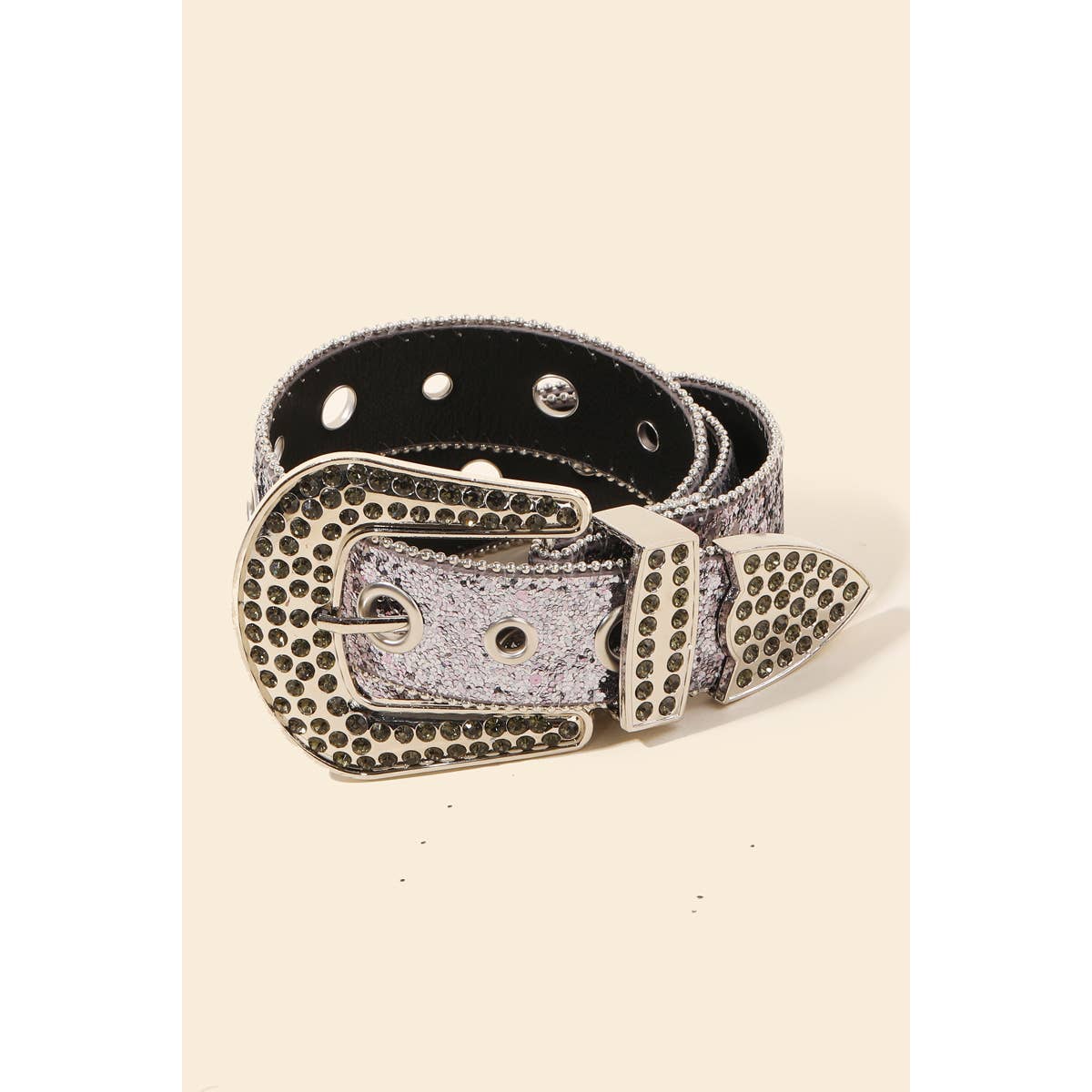 Glitter Grommet Rhinestone Studded Vegan Leather Belt