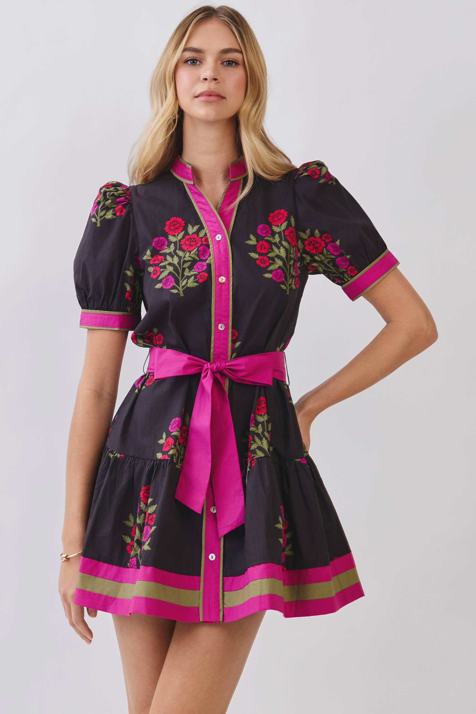 Floral Print Puff Sleeve Belted Mini Dress