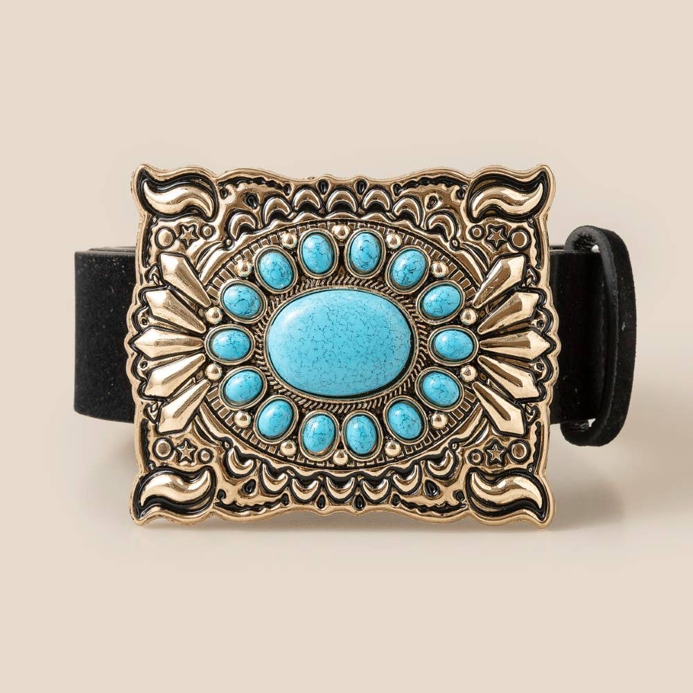 Large Western Turquoise Square Buckle Vegan Leather Belt