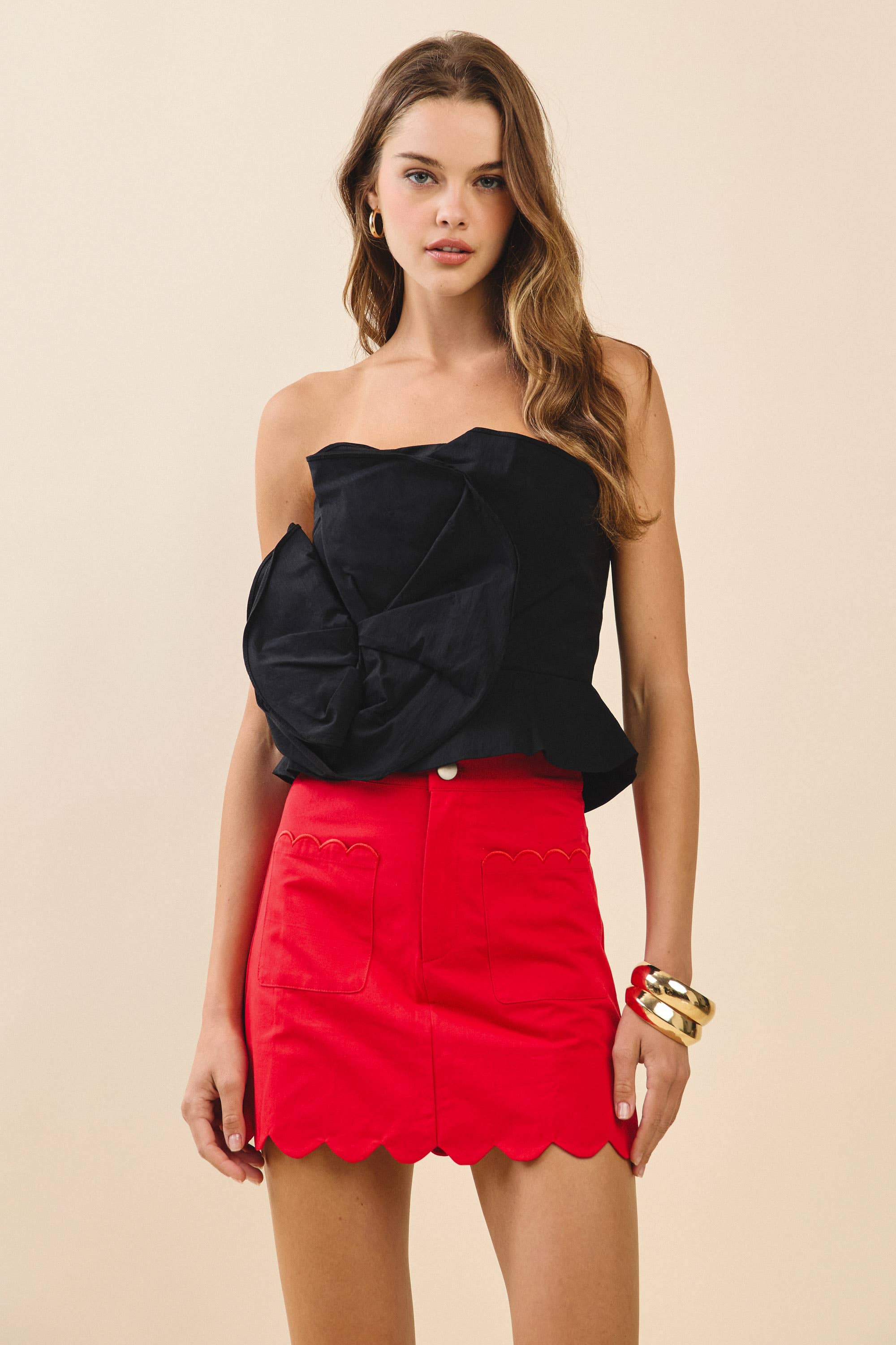 3D Rosette Detail Strapless Top