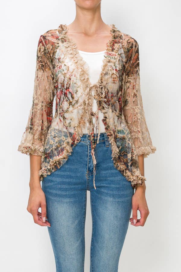 Christmas Santa Sparkly Sheer Lace Tie-Front Cardigan