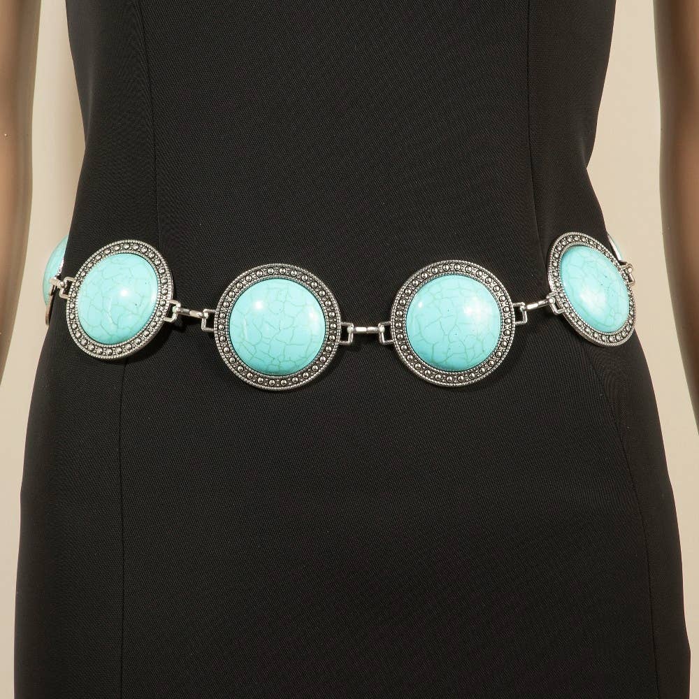 Large Western Concho Round Turquoise Stone Chain Belt