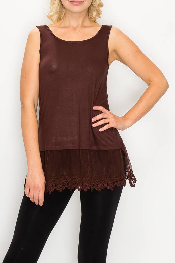 Brown Tank With Delicate Floral Laced Hem