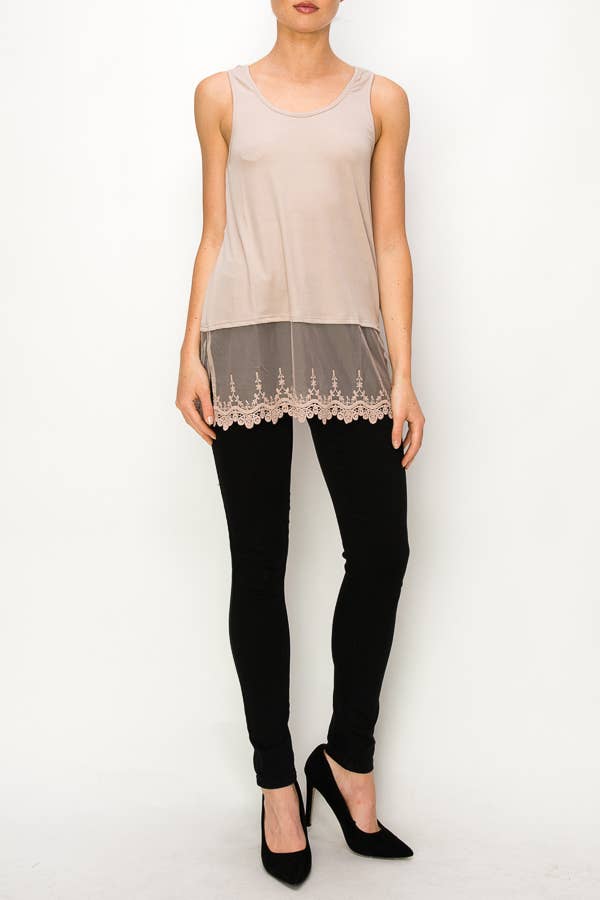 Taupe Soft Relaxed Tank With Delicate Floral Laced Hem
