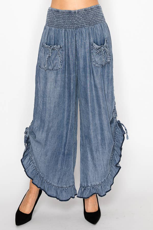 Ruffle Hem Side Tie Chambray Pants