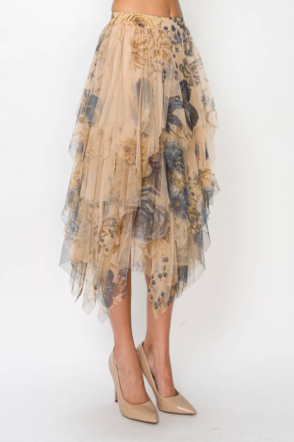 Gold Blue Dreamy Tiered Tulle Midi Skirt