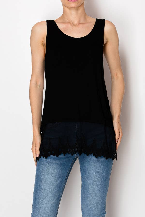 Black Tank With Delicate Floral Laced Hem