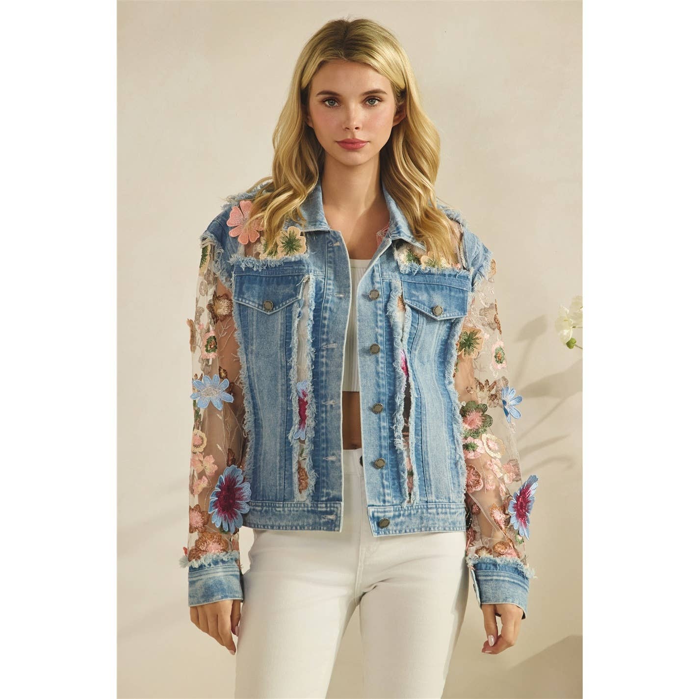 Denim Jacket with Floral Organza Inset