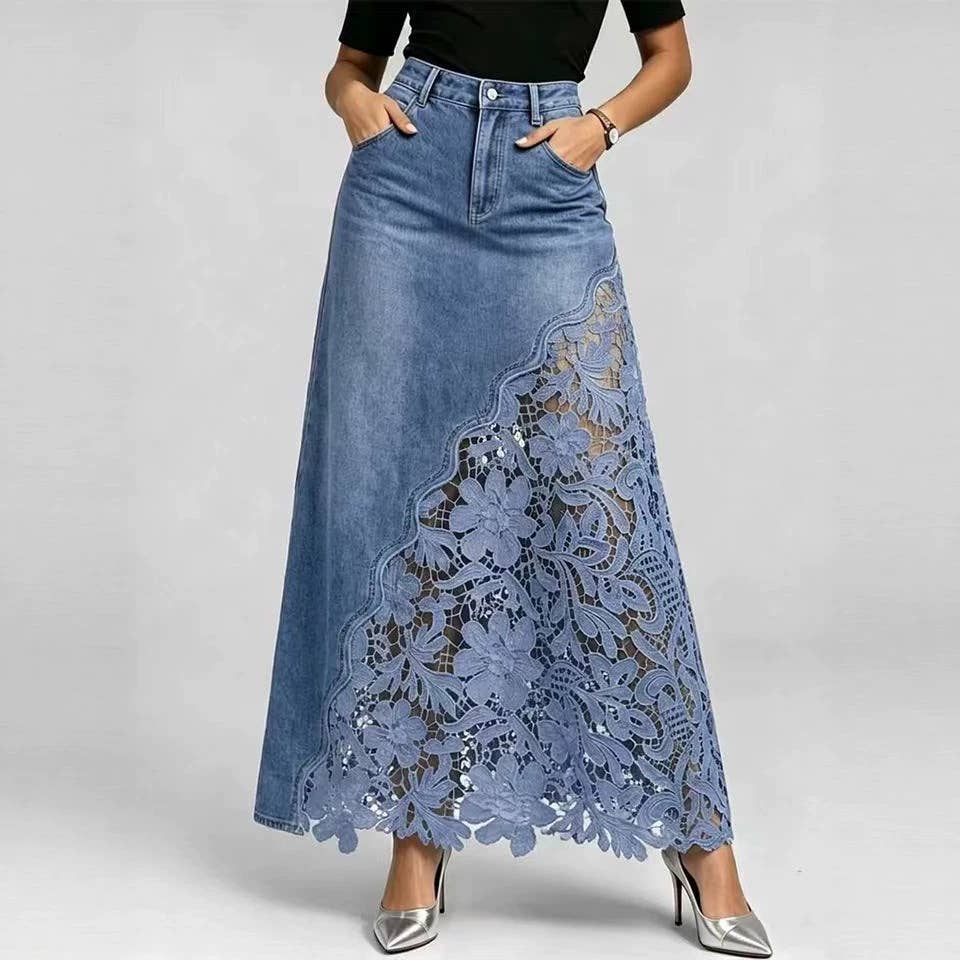 Floral Lace Detail Denim Maxi Skirt