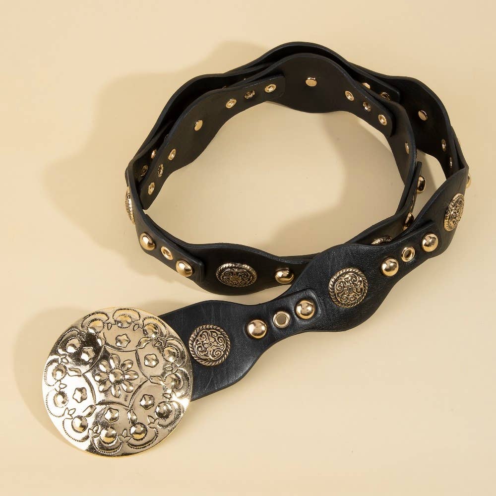 Ornate Concho Disc Buckle Vegan Leather Belt