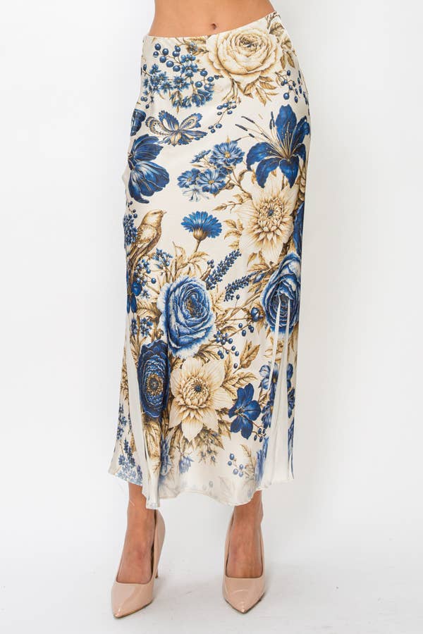 Golden Blue Silky Satin Midi Skirt