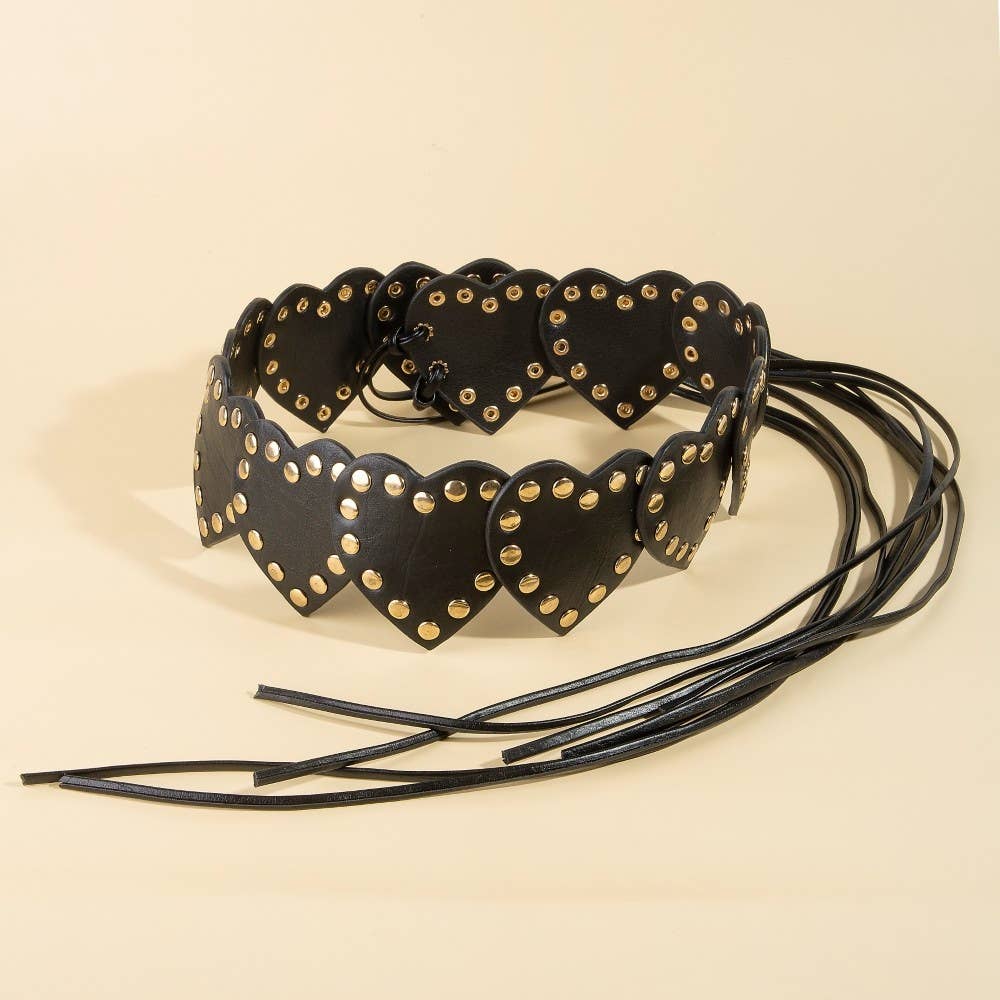 Heart Studded Trim Vegan Leather Belt