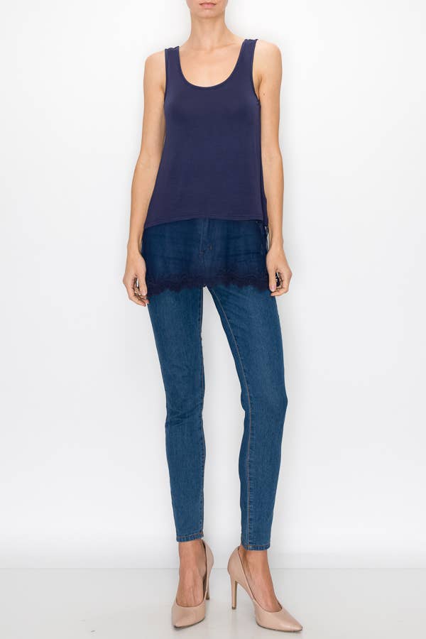 Navy Tank With Delicate Floral Laced Hem