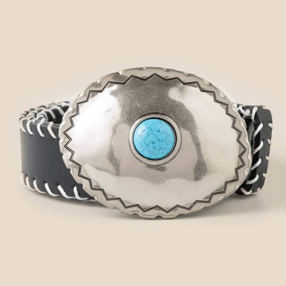 Western Turquoise Oval Concho Buckle Vegan Leather Belt