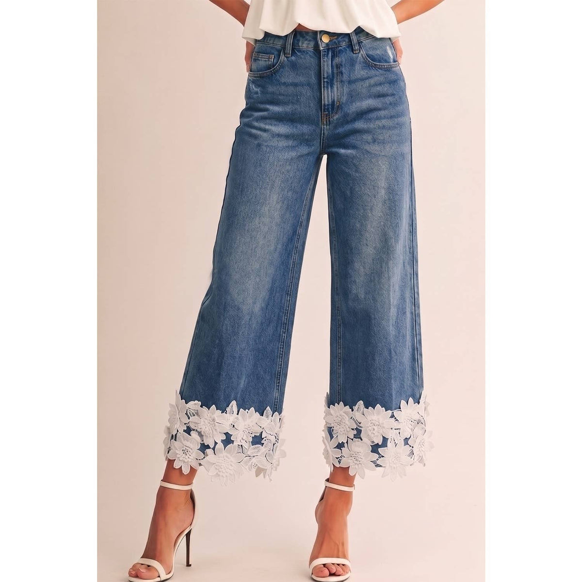 Vintage Washed Daisy Lace Hem Straight Jeans