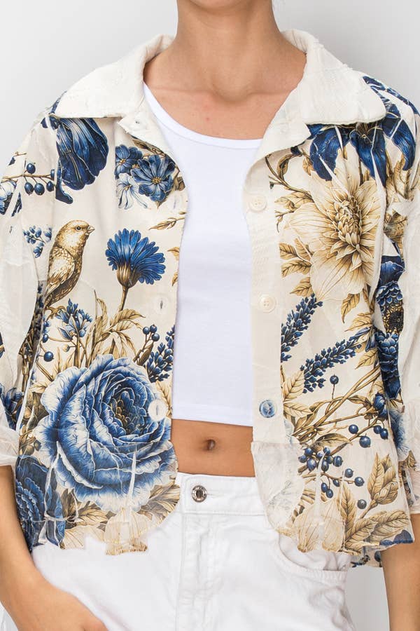 Golden Blue Cropped Button-Up Ruffle Detailed Jacket