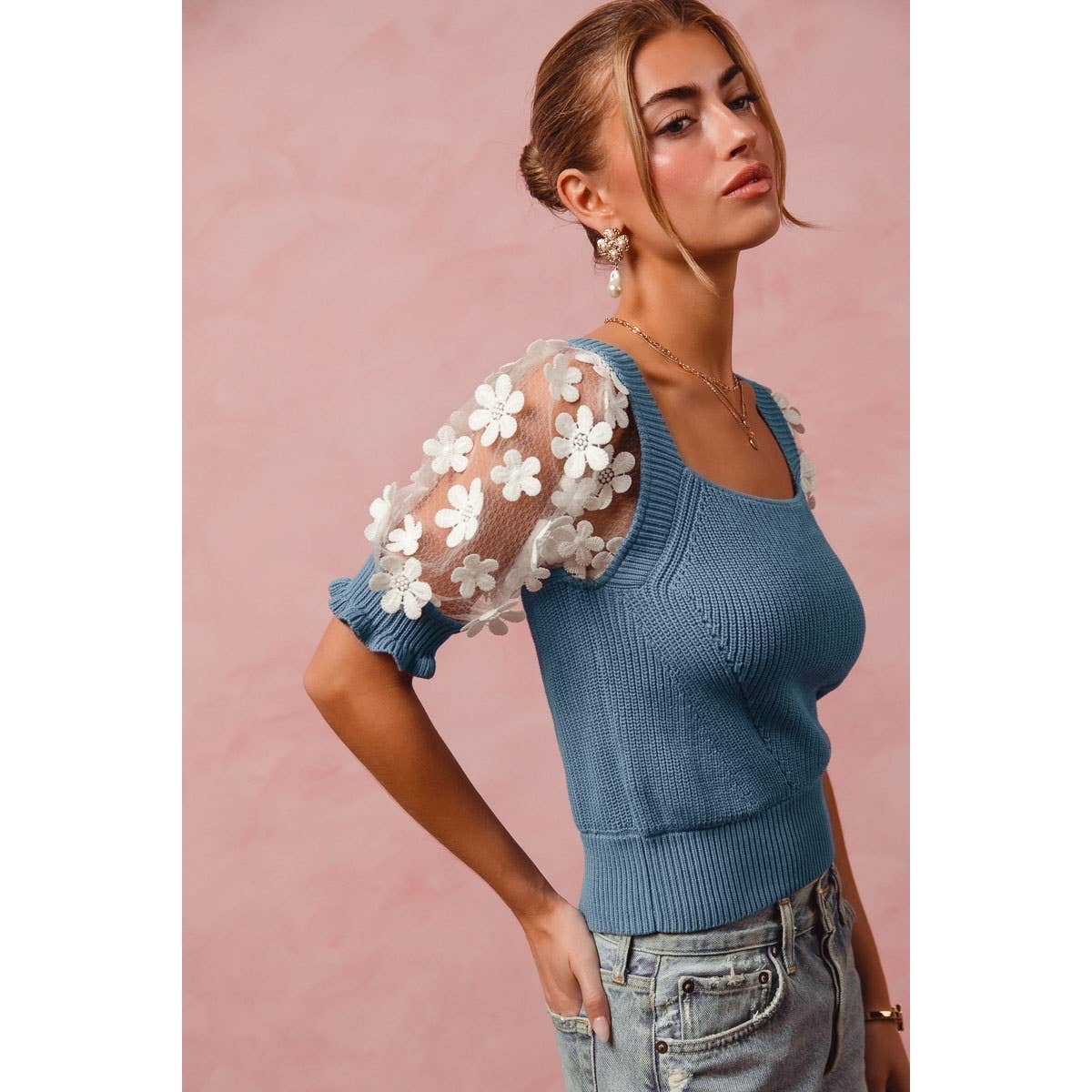 FLORAL LACE PUFF SLEEVE SQUARE NECK KNIT SWEATER